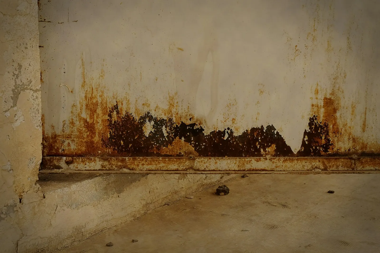Water damage and rust-colored staining along the base of a wall