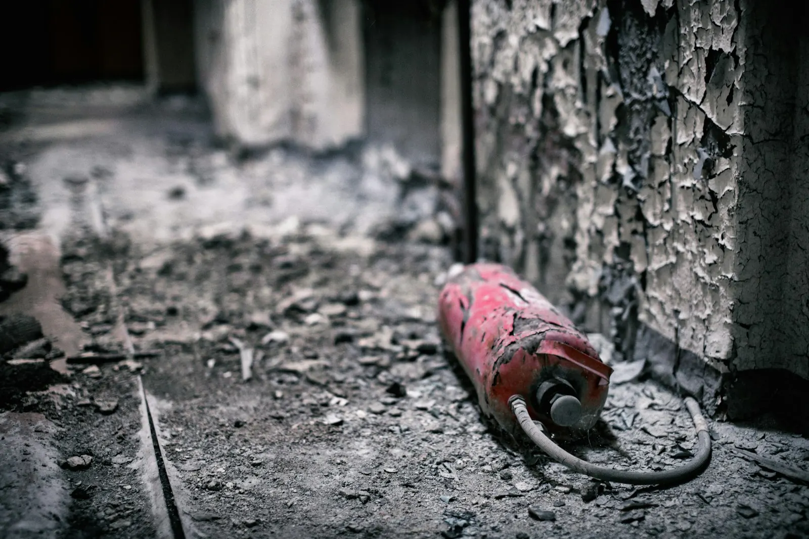 Fire extinguisher on a soot-covered floor inside a burned room